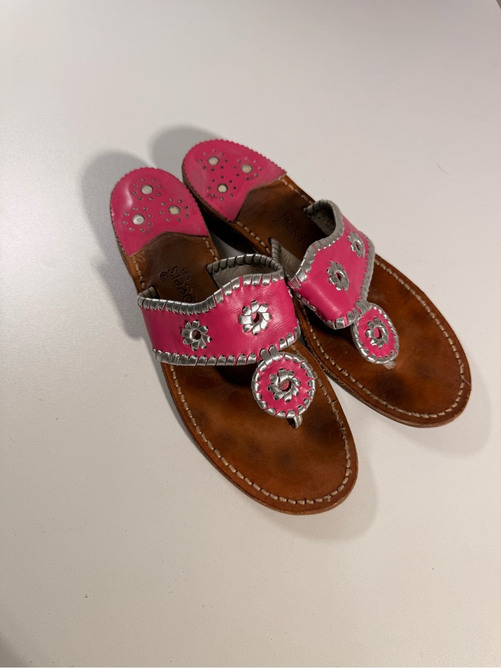 Women's Jack Rogers Pink Leather Toe-Post Sandals with Silver Floral Accents
